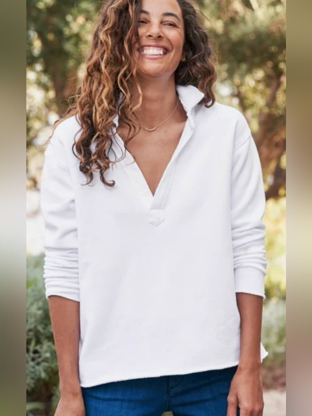 Frank & Eileen White Ruffle-Trim Long Sleeve Top